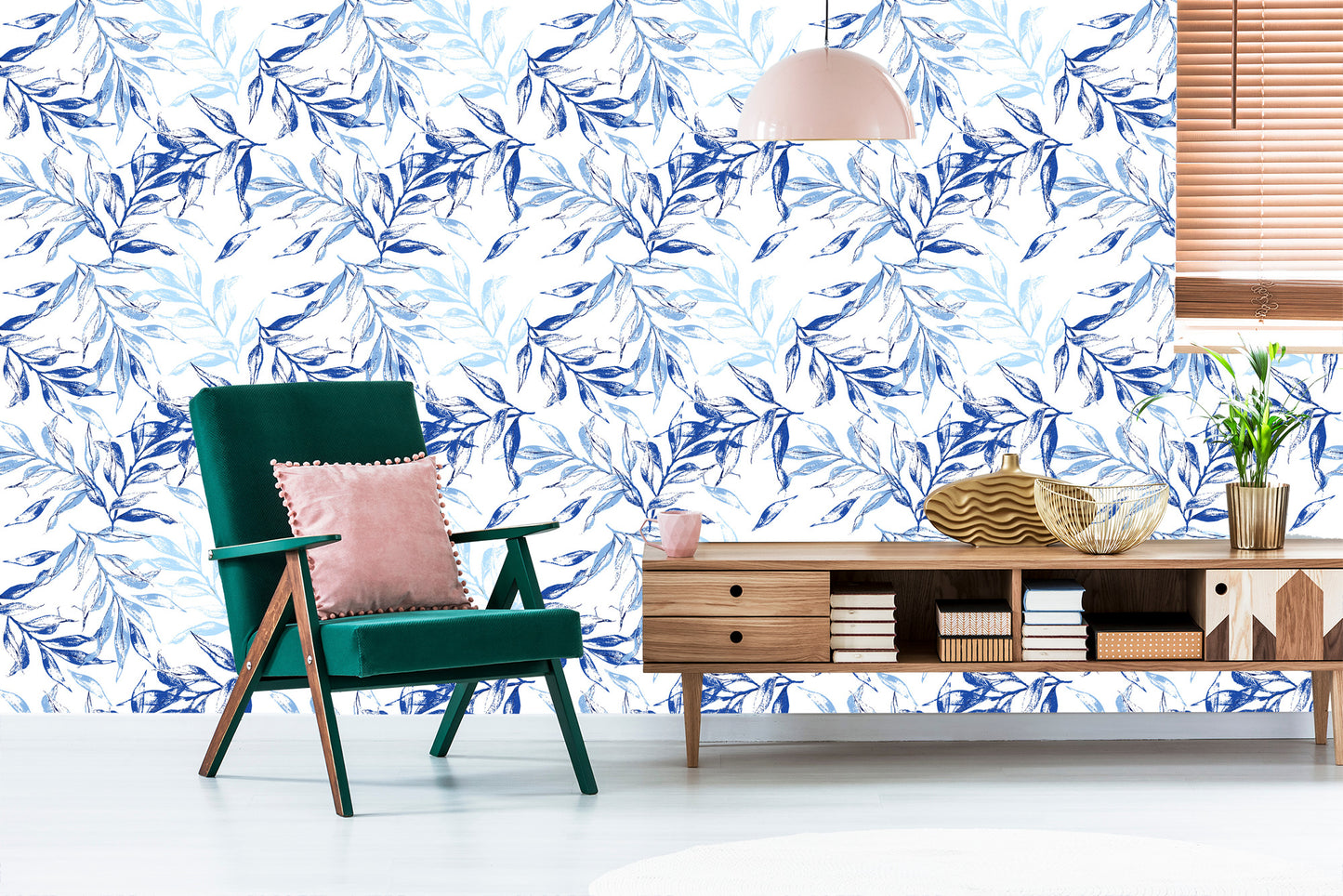 Wallpaper For The Living Room, Delicate Blue Leaves Decor