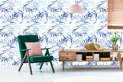 Wallpaper For The Living Room, Delicate Blue Leaves Decor