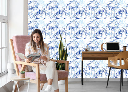 Wallpaper For The Living Room, Delicate Blue Leaves Decor