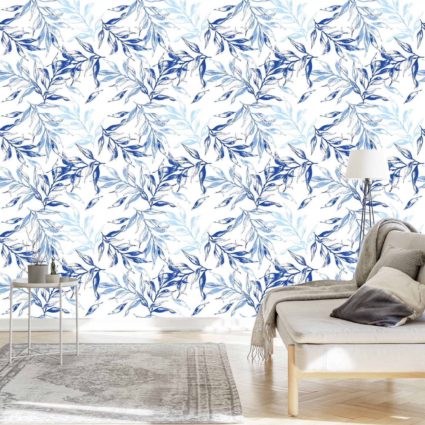 Wallpaper For The Living Room, Delicate Blue Leaves Decor