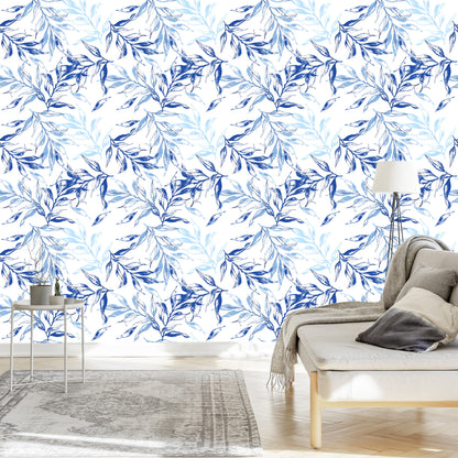 Wallpaper For The Living Room, Delicate Blue Leaves Decor