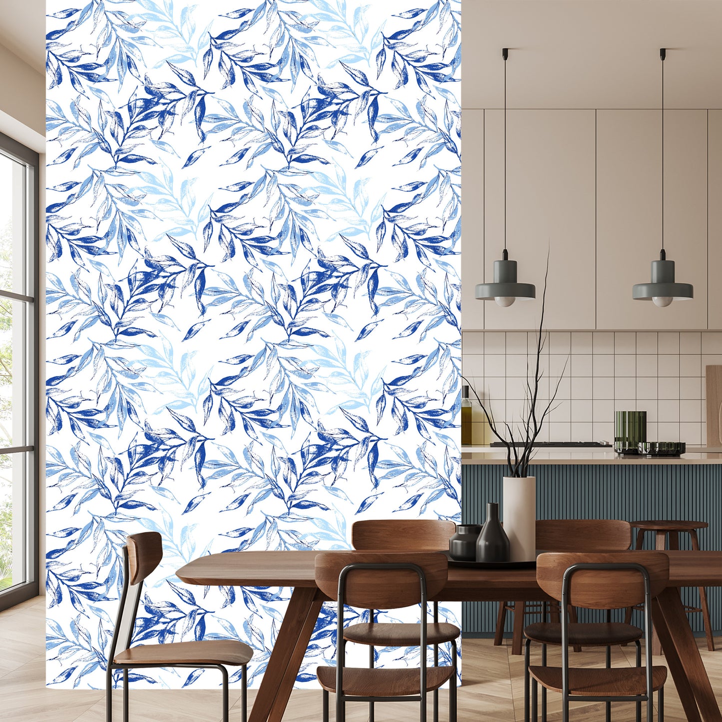 Wallpaper For The Living Room, Delicate Blue Leaves Decor