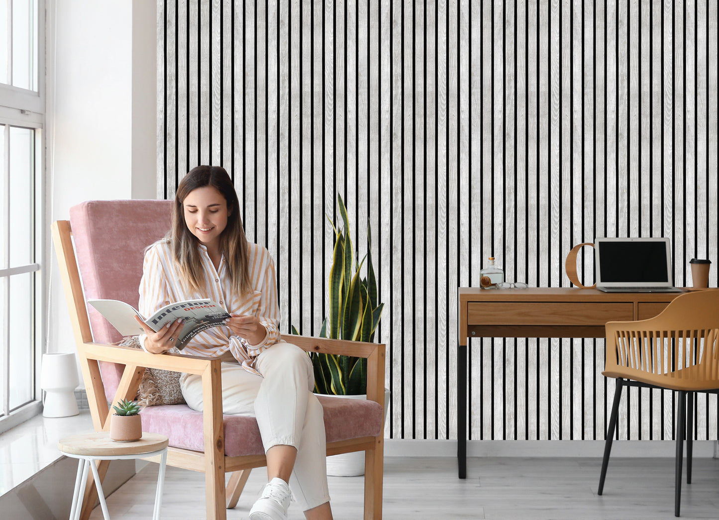 Wallpaper Lamellas Imitating White Wood