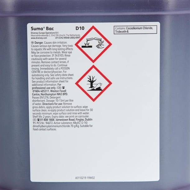 Suma Bac D10 Cleaner and Sanitiser Concentrate 5Ltr (2 Pack) cd517