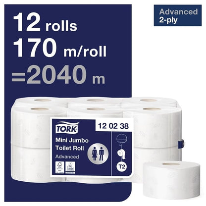 Tork Mini Jumbo Toilet Paper Rolls White T2 (12 Pack) cl126