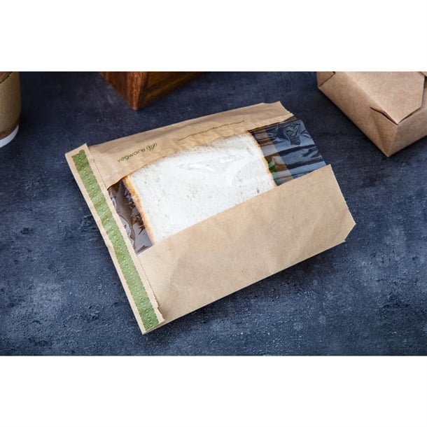 Vegware Compostable Kraft Sandwich Bags with NatureFlex Window Small (1000 Pack) cl741