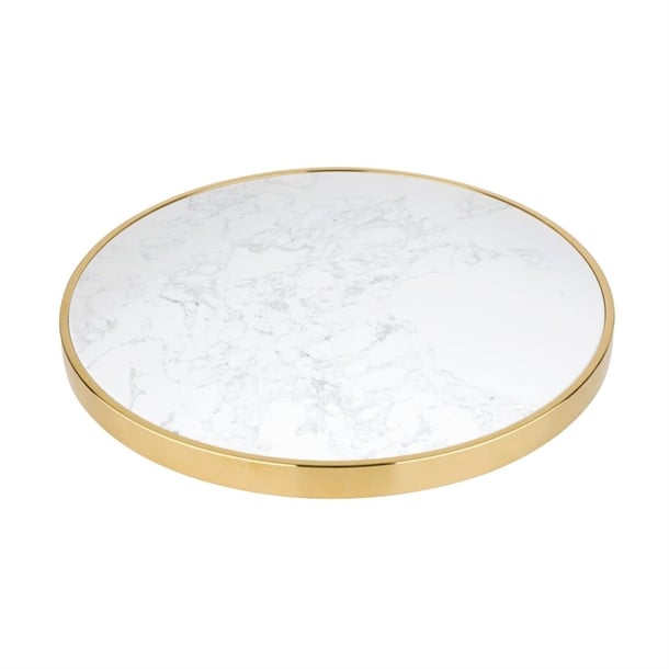 Bolero Round Marble Tabletop with Brass Effect Rim White 600mm cy968