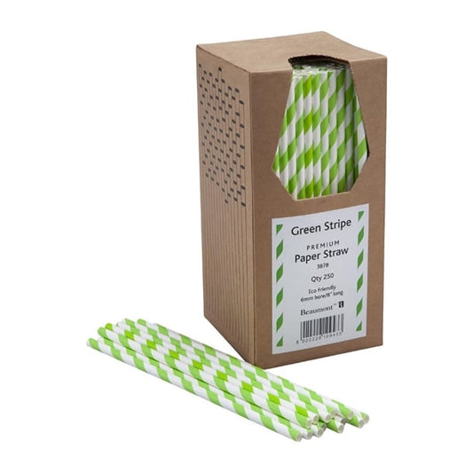 Beaumont 6mm Bore Paper Straw Green & White Striped (250 Pack) cz620