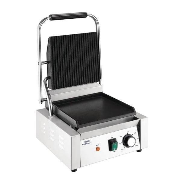 Nisbets Essentials Single Cast Iron Plate Contact Grill (Ribbed/Flat) - 1.8kW da396