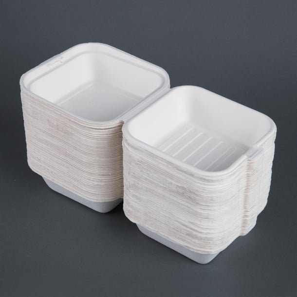 Fiesta Compostable Bagasse Burger Boxes with Bottom Ridges 157mm (500 Pack) dw247