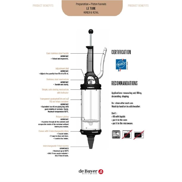 De Buyer Le Tube Essentials Pressure Pastry Syringe 750ml dz725
