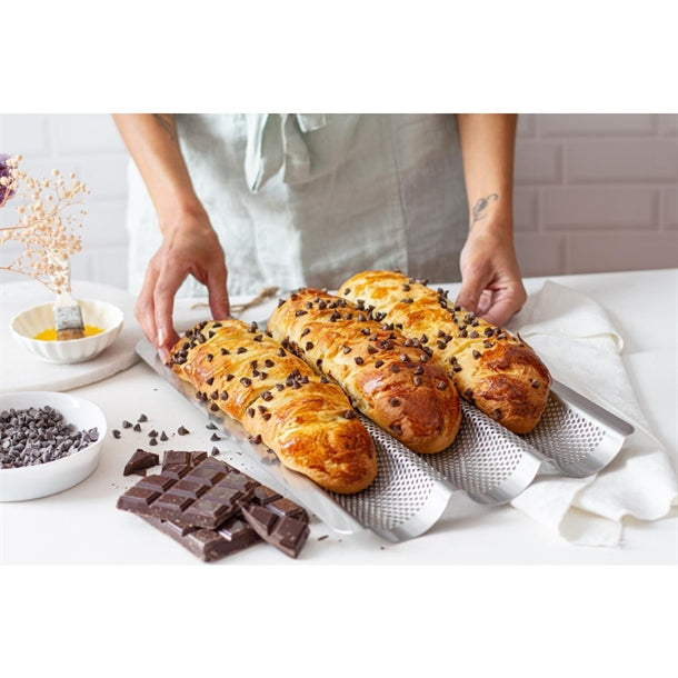 De Buyer Perforated Baguette Baking Tray Stainless Steel 245x400mm (3 Pack) dz727