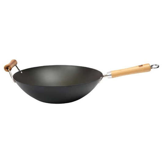 Dexam School of Wok Pre-Seasoned Carbon Steel Flat Base Wok 360mm dz886