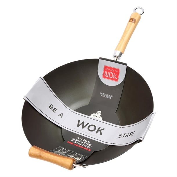 Dexam School of Wok Pre-Seasoned Carbon Steel Flat Base Wok 360mm dz886