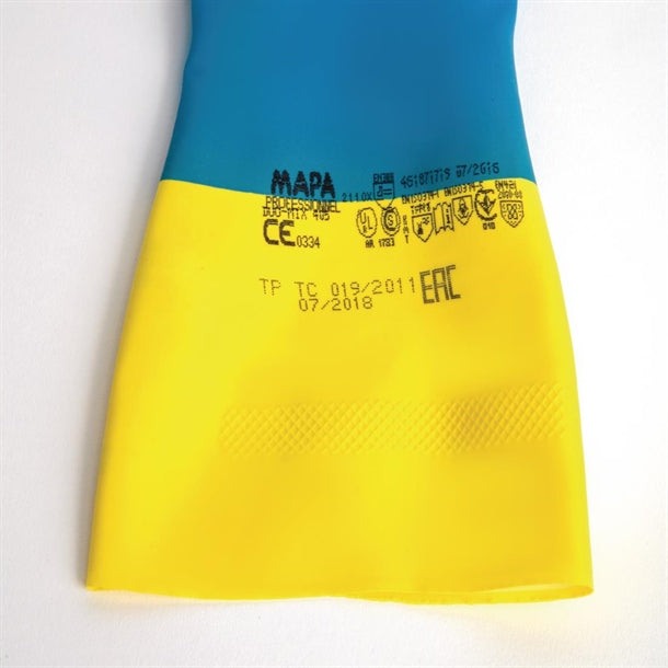 MAPA Alto 405 Liquid-Proof Heavy-Duty Janitorial Gloves Blue and Yellow p_fa296