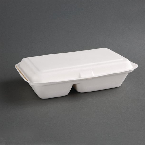 Fiesta Compostable Bagasse Hinged 2-Compartment Food Containers 253mm (200 Pack) fc524