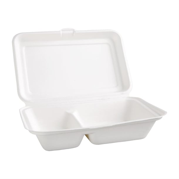 Fiesta Compostable Bagasse Hinged 2-Compartment Food Containers 253mm (200 Pack) fc524