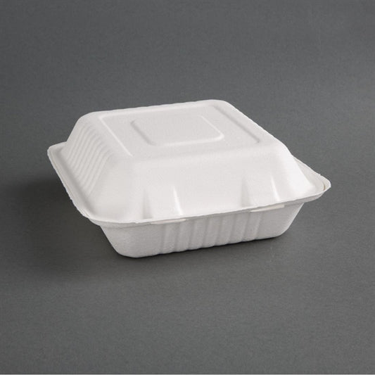 Fiesta Compostable Bagasse Hinged 3-Compartment Food Containers 201mm (200 Pack) fc526