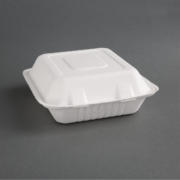 Fiesta Compostable Bagasse Hinged 3-Compartment Food Containers 201mm (200 Pack) fc526