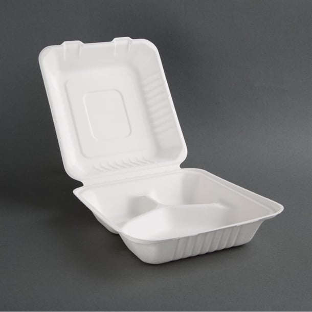 Fiesta Compostable Bagasse Hinged 3-Compartment Food Containers 201mm (200 Pack) fc526