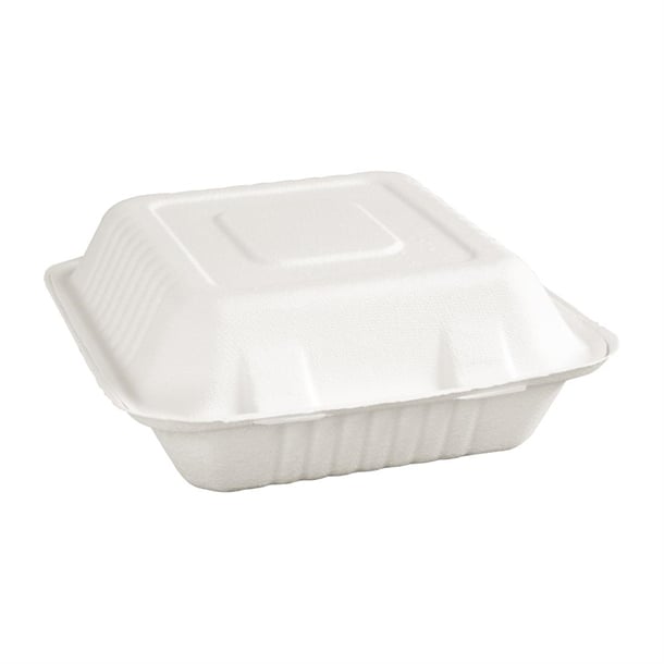 Fiesta Compostable Bagasse Hinged 3-Compartment Food Containers 201mm (200 Pack) fc526