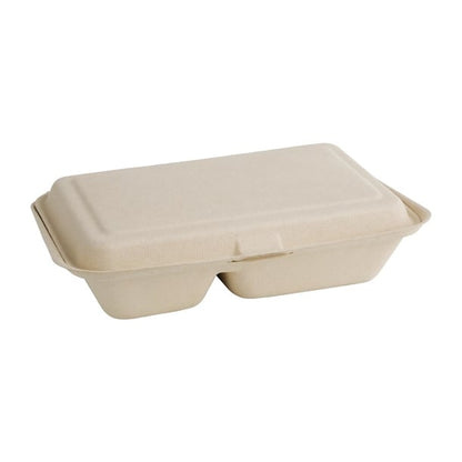 Fiesta Compostable Bagasse Two-Compartment Hinged Food Containers Natural Colour 253mm (200 Pack) fc541