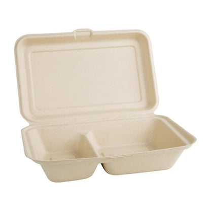 Fiesta Compostable Bagasse Two-Compartment Hinged Food Containers Natural Colour 253mm (200 Pack) fc541