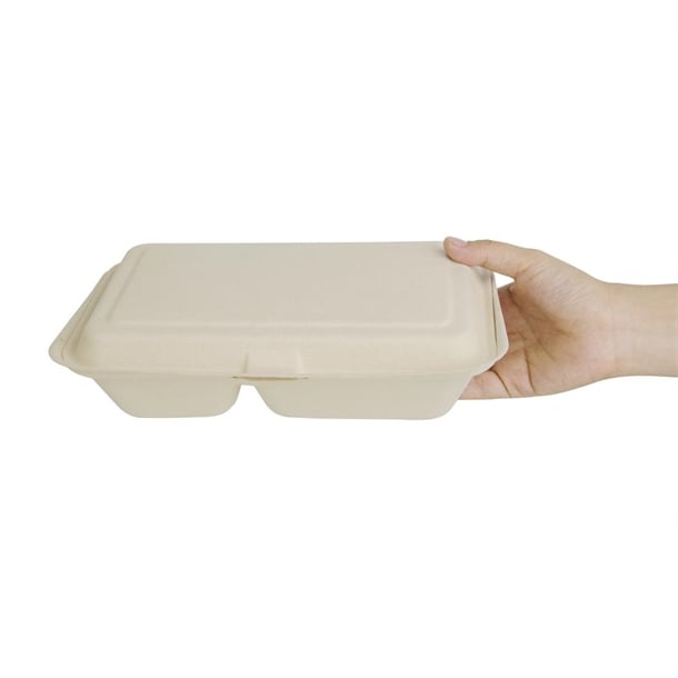 Fiesta Compostable Bagasse Two-Compartment Hinged Food Containers Natural Colour 253mm (200 Pack) fc541