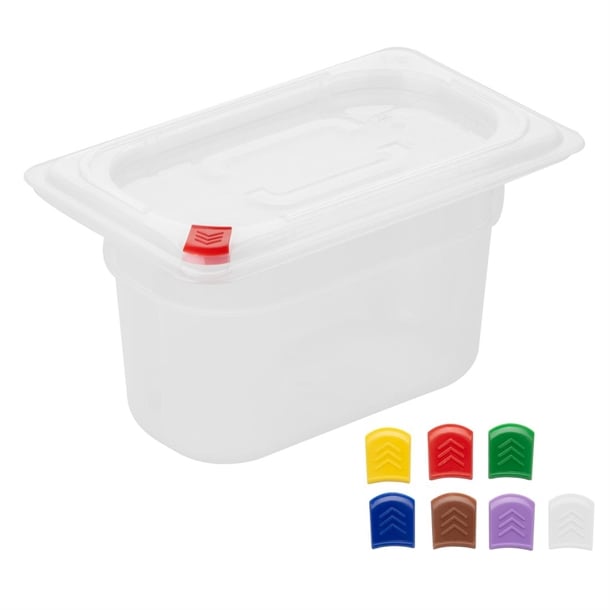 Hygiplas Click PP GN Container 1/9 with Lid & 7 Colour Clips 100mm 0.85Ltr (4 Pack) fz099