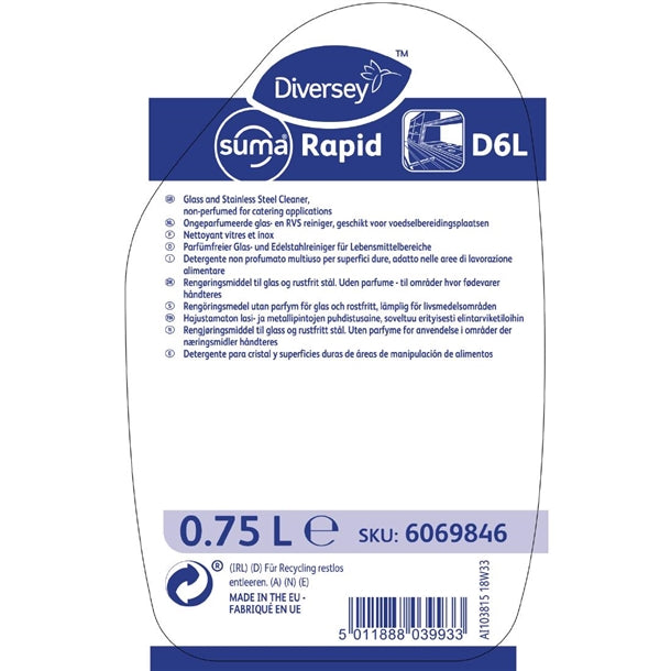 Suma Rapid D6L Glass and Stainless Steel Cleaner Ready To Use 750ml gh499