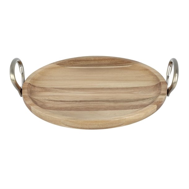 Olympia Round Dish Acacia Wood Metal Handles 345x305x80mm hx388