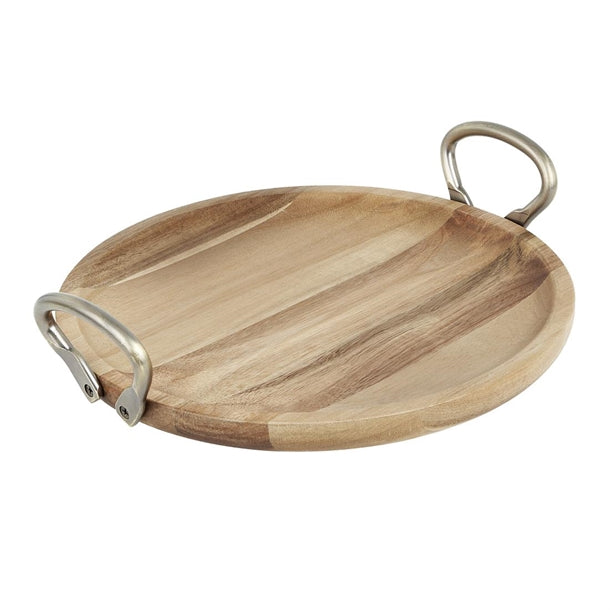 Olympia Round Dish Acacia Wood Metal Handles 345x305x80mm hx388