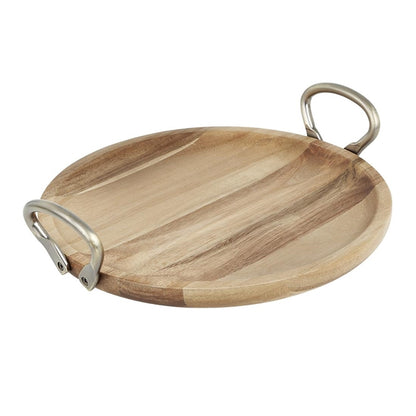 Olympia Round Dish Acacia Wood Metal Handles 345x305x80mm hx388