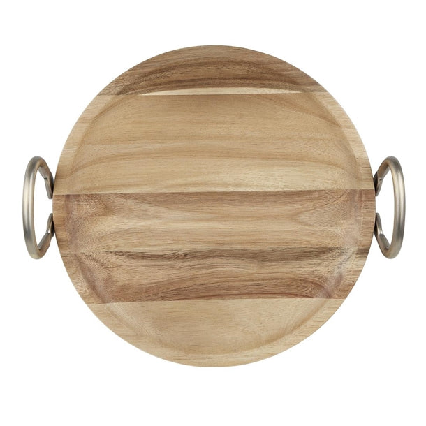 Olympia Round Dish Acacia Wood Metal Handles 345x305x80mm hx388