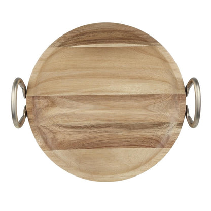 Olympia Round Dish Acacia Wood Metal Handles 345x305x80mm hx388