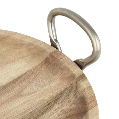 Olympia Round Dish Acacia Wood Metal Handles 345x305x80mm hx388