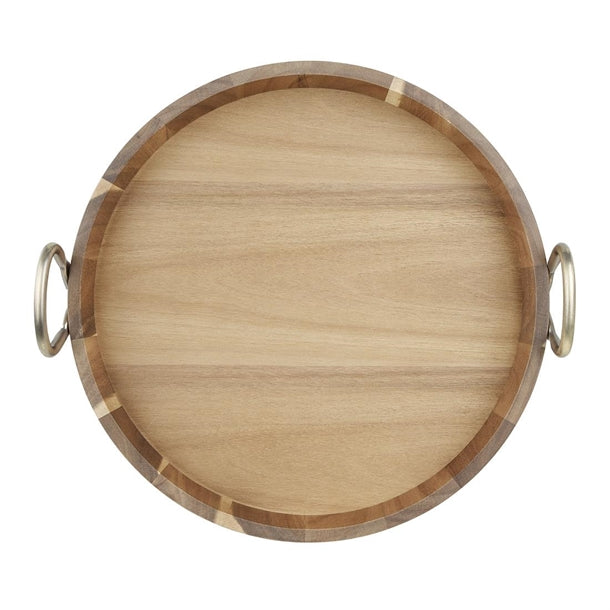 Olympia Round Tray Acacia Wood with Metal Handles 440x405x100mm hx393