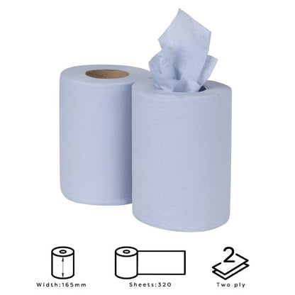 Nisbets Essentials Centrefeed Blue Rolls 2-Ply 320 Sheets (2 Pack) hy034