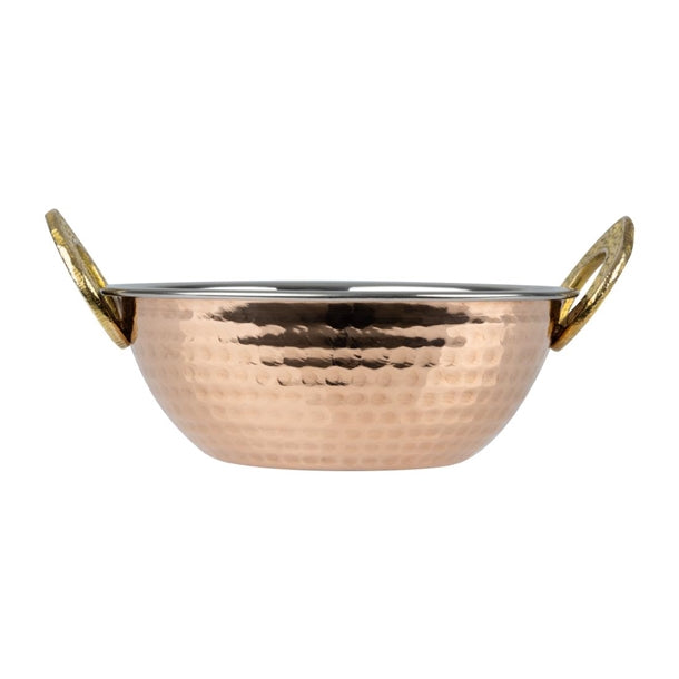 Olympia Copper Kadai Dish Stainless Steel Brass Handles 400ml hy128