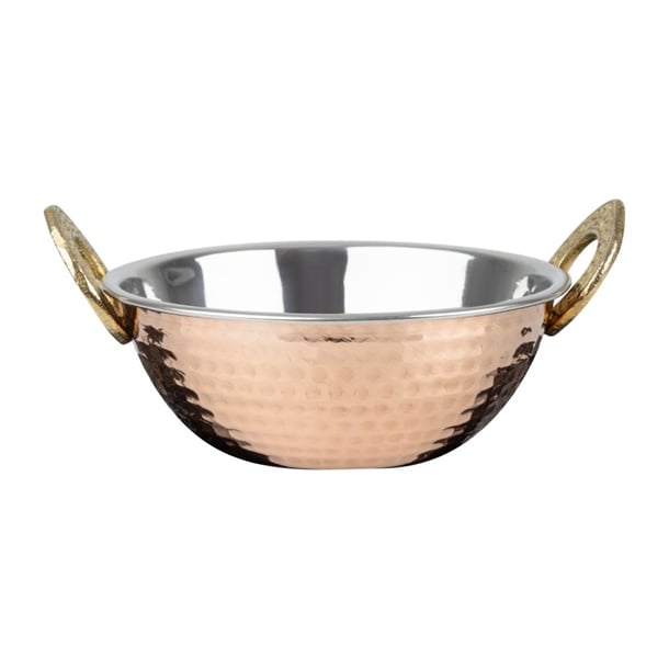 Olympia Copper Kadai Dish Stainless Steel Brass Handles 400ml hy128
