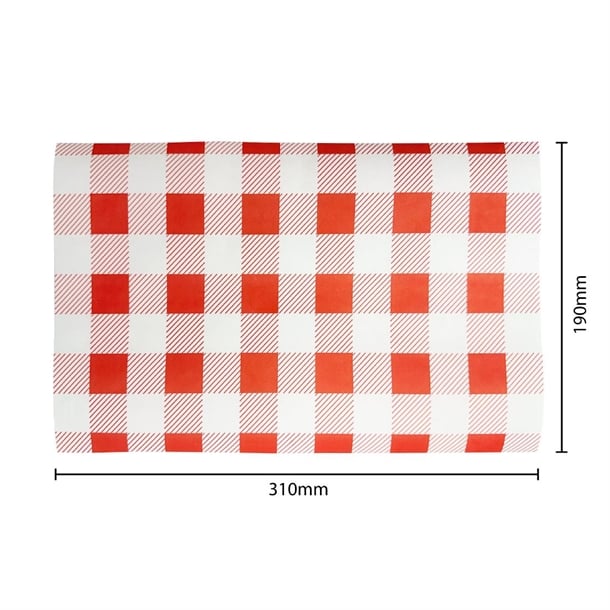 Fiesta Compostable Red Gingham Greaseproof Sheets 310x190mm (200 Pack) hy781