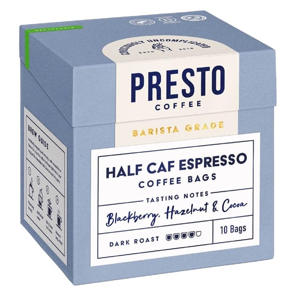Presto Coffee Half Caf Espresso Coffee Bags Enveloped 8g (10 Pack) ka737