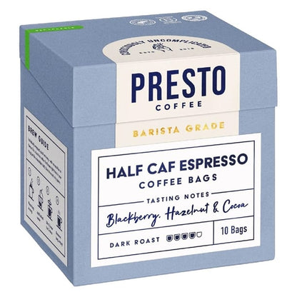 Presto Coffee Half Caf Espresso Coffee Bags Enveloped 8g (10 Pack) ka737