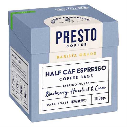 Presto Coffee Half Caf Espresso Coffee Bags Enveloped 8g (10 Pack) ka737