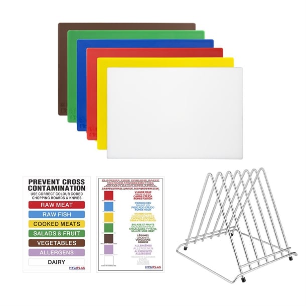 Hygiplas Low Density 6-Piece Chopping Board Set with Rack 455x305x20mm s678