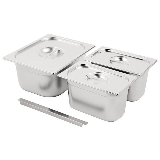 Vogue Stainless Steel Gastronorm Tray Set 1/2 and 2x 1/4 with Lids sa244