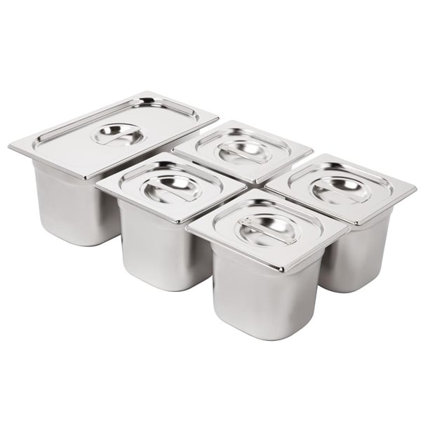 Vogue Stainless Steel Gastronorm Tray Set 1/3 and 4 x 1/6 with Lids sa246