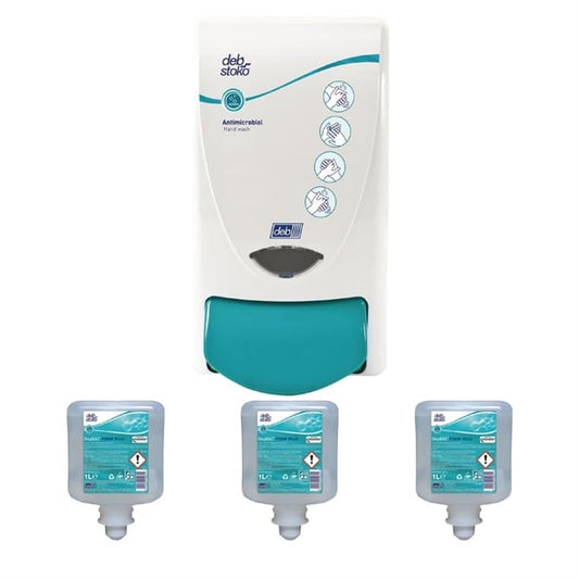 Deb Antibac Soap Dispenser and 3 Unperfumed Antibacterial Foam Hand Soaps 1Ltr sa455