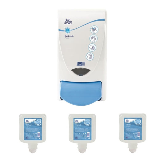 Deb Clear Foam Soap Dispenser and 3 Unperfumed Foam Hand Soaps 1Ltr sa456