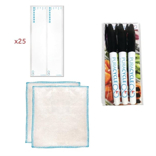 Puracycle Reusable Day Bottle Label Pack (25 Labels, 2 Cloths) + Free Pens sa493